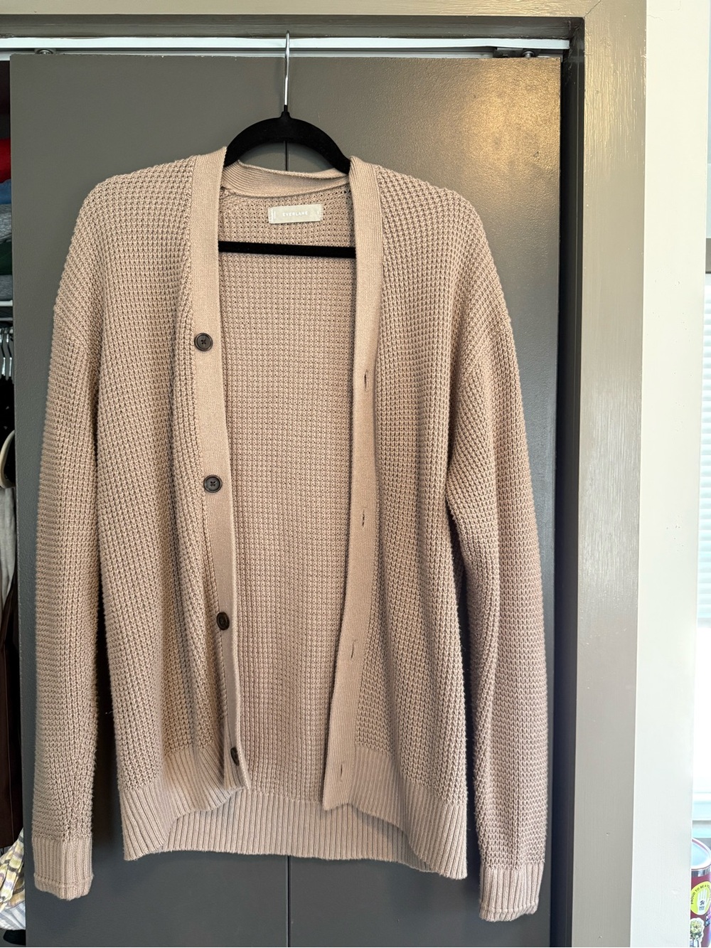 Everlane Waffle-Knit Button Cardigan in Light Taupe